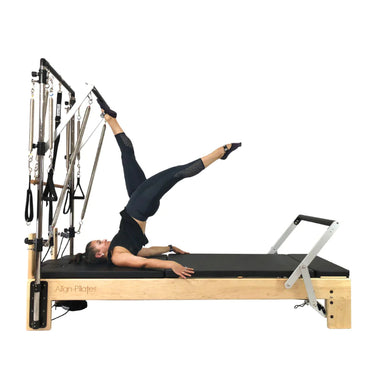 Align-Pilates M8 Pro RC Maple Wood Studio Reformer With Tower model push through bar side view white background