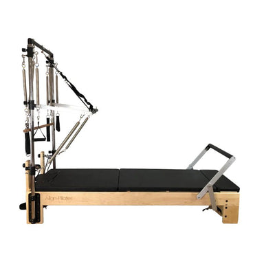 Align-Pilates M8 Pro RC Maple Wood Studio Reformer With Tower side view white background