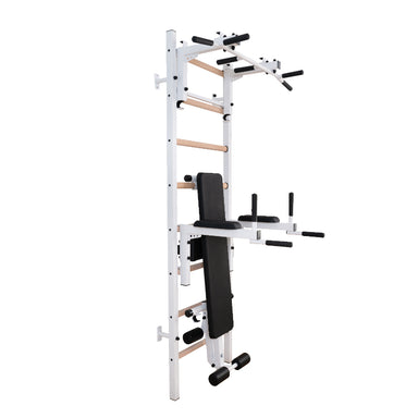 BenchK Swedish Ladder 233W With Bench Rack and Dip Bar in White With White Background