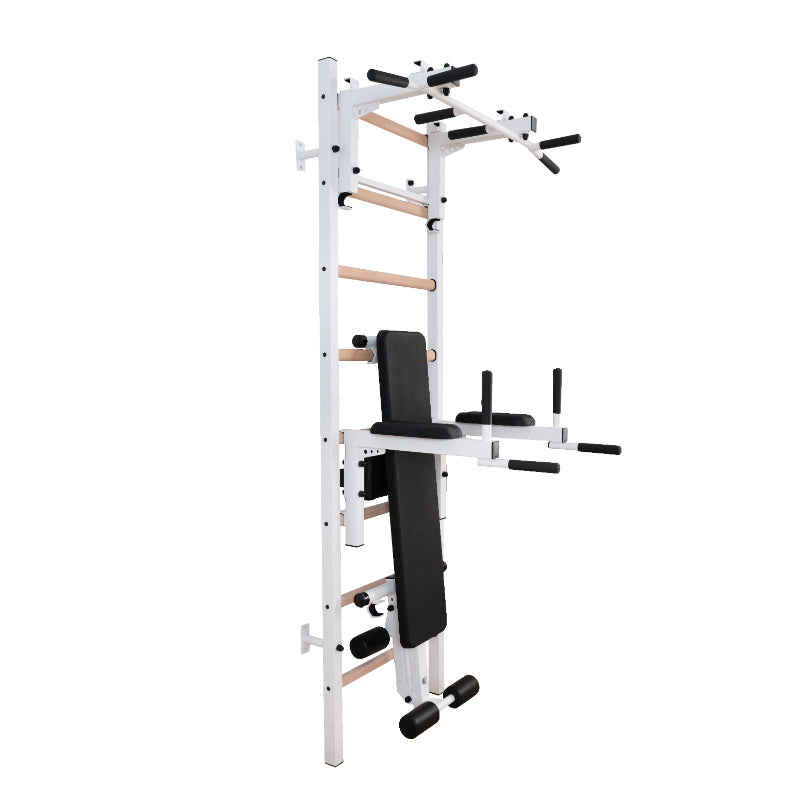 BenchK Swedish Ladder 233W With Bench Rack and Dip Bar in White With White Background