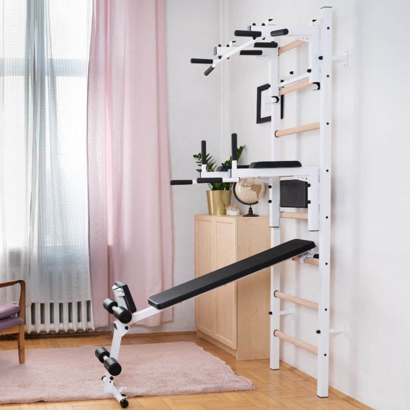 BenchK Swedish Ladder 233W With Bench Rack and Dip Bar in White from side in room