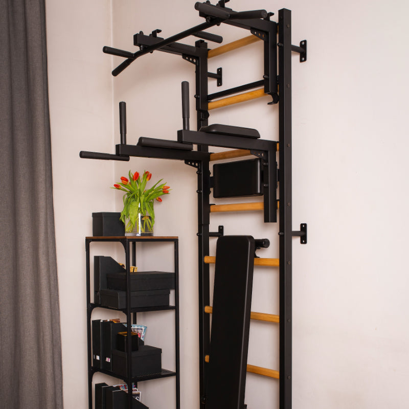 BenchK Swedish Ladder with Bench, Rack Dip Bar Black — FitBody