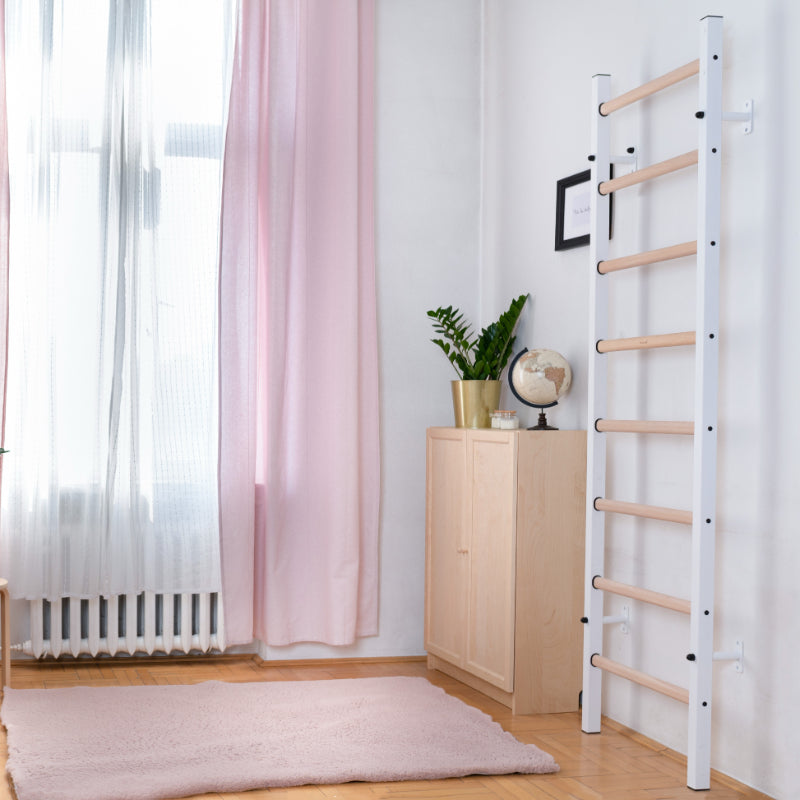 BenchK Swedish Ladder Steel and Beech Wood White 200W side view in clean room