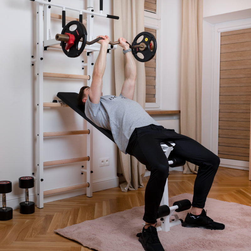 BenchK Swedish Ladder with Bench Rack and Dip Bar in White bench press