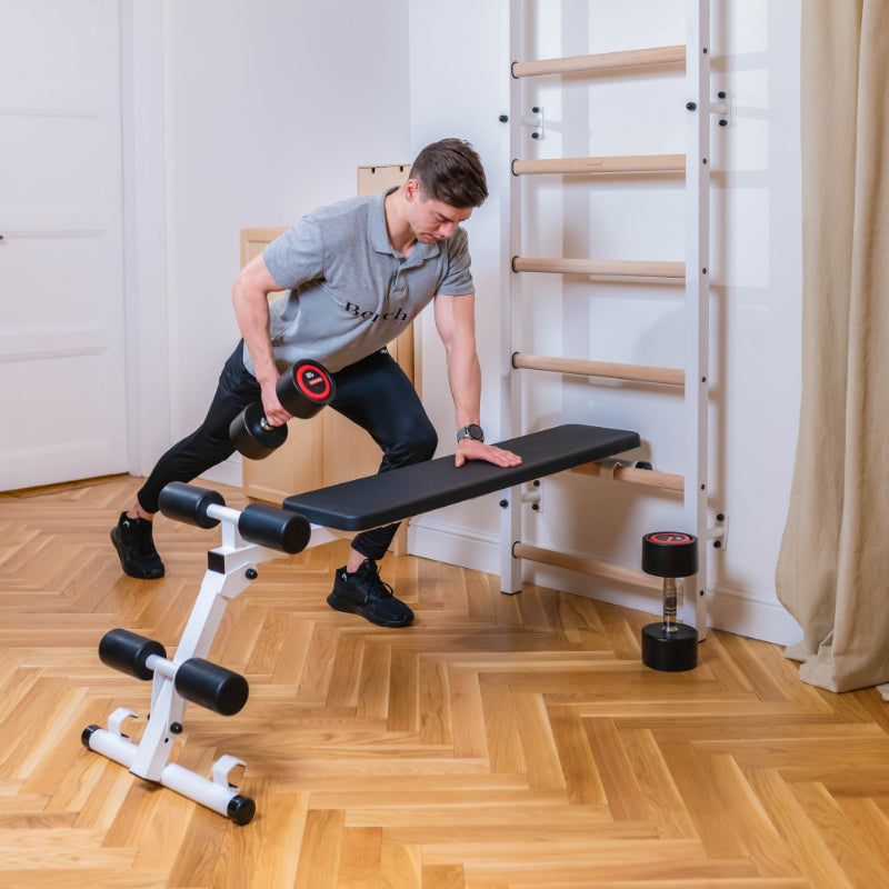 BenchK Swedish Ladder With Bench Rack and Dip Bar in White bent over rows