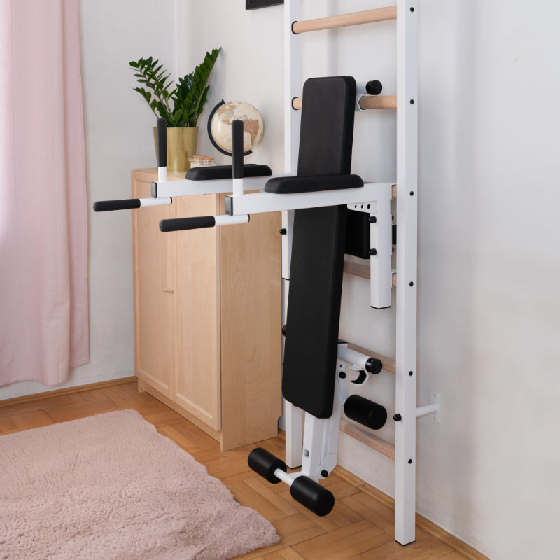 BenchK Swedish Ladder With Bench Rack and Dip Bar in White lower half in room