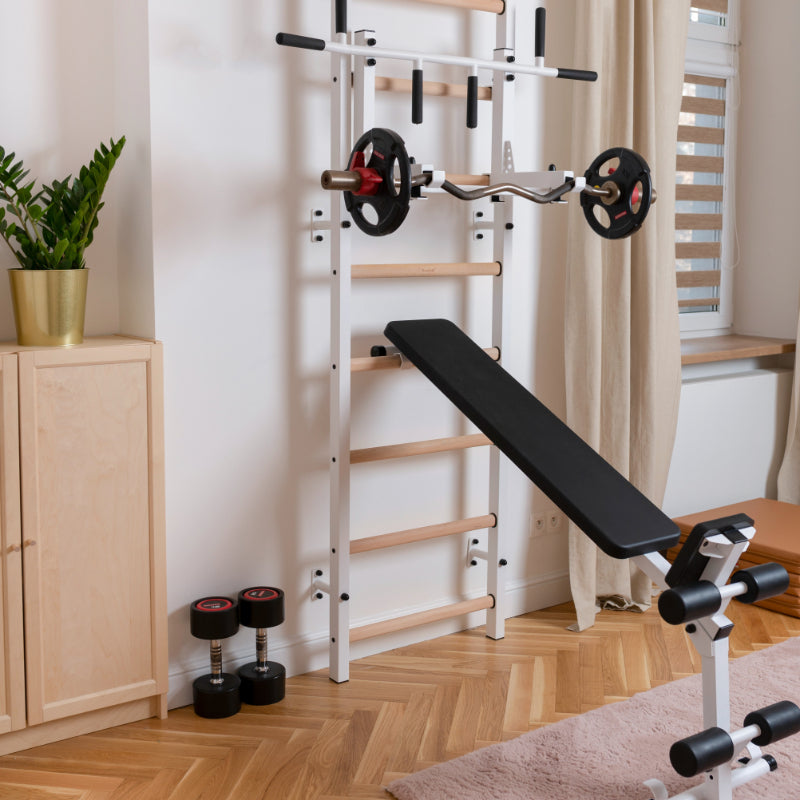 BenchK Swedish Ladder With Bench Rack and Dip Bar in white rack barbell