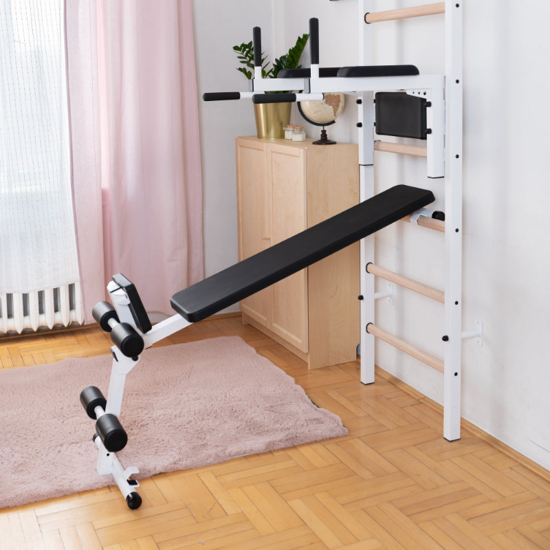 BenchK Swedish Ladder With Bench Rack and Dip Bar in White with bench extended and dip bar from side