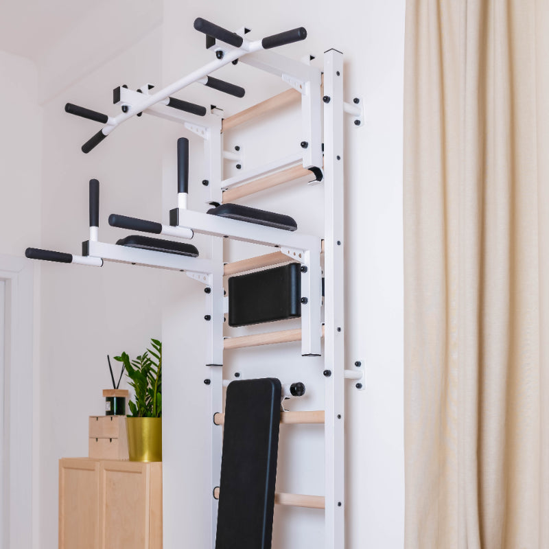 BenchK Swedish Ladder 733W With Bench Rack and Dip Bar in White top half