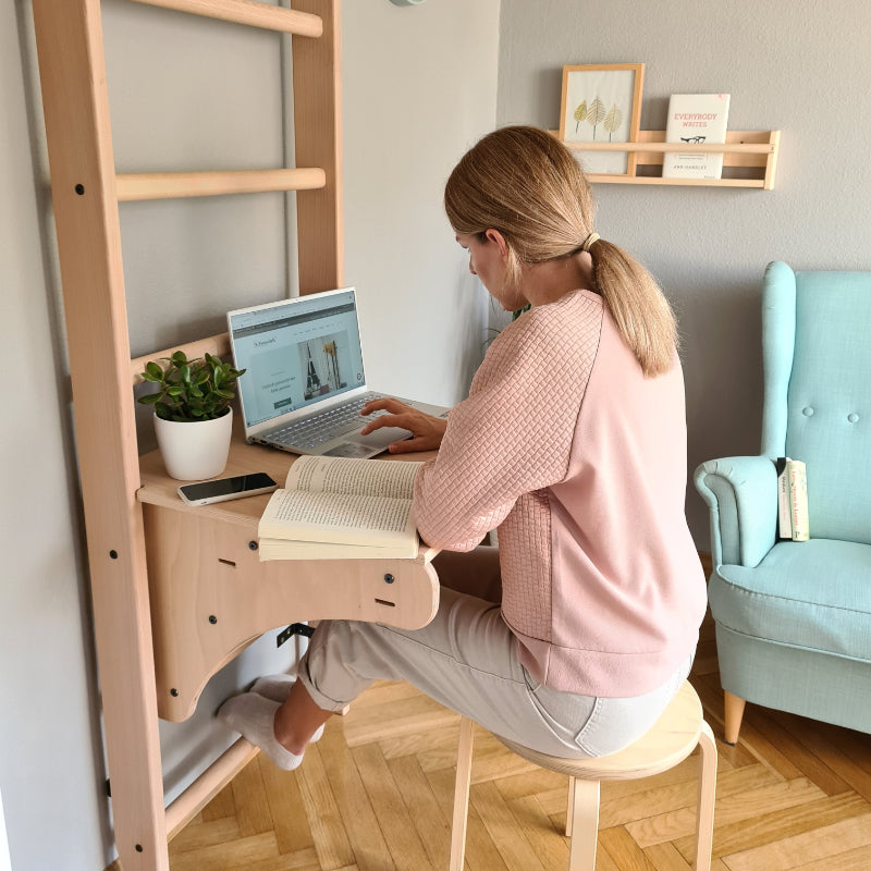 BenchK Wood Swedish Ladder with BenchTop workstation model seated for bundle