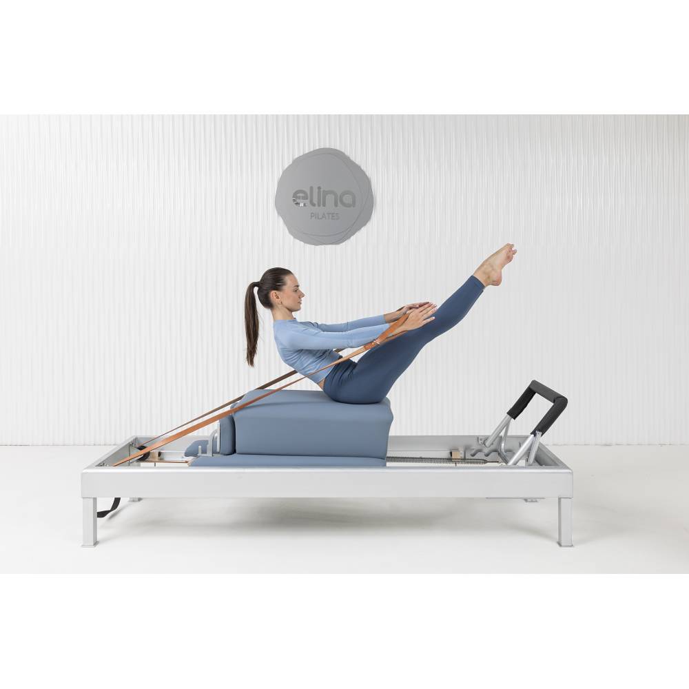 Elina Pilates Classic Aluminum Reformer blue upholstery boat pose sitting box