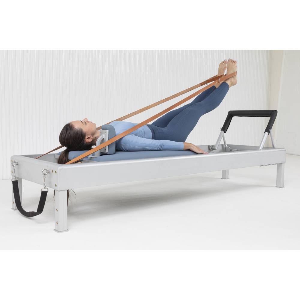 Elina Pilates Classic Aluminum Reformer blue upholstery foot strap work