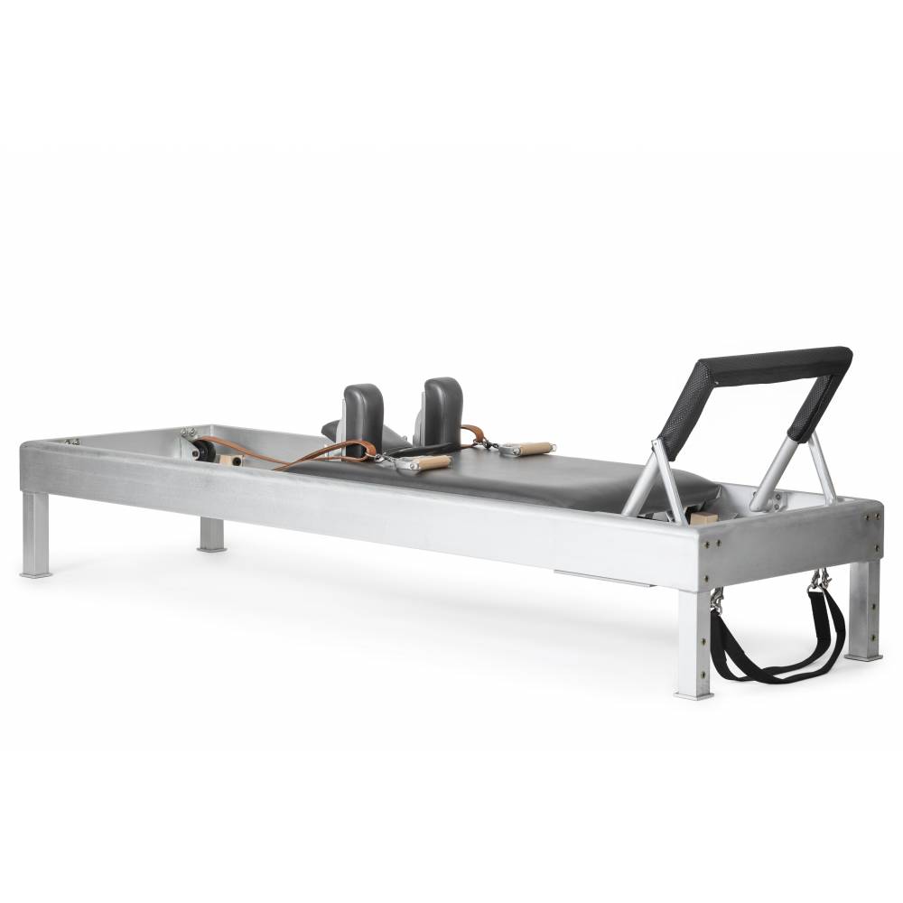 Elina Pilates Classic Aluminum Reformer grey upholstery diagonal view white background