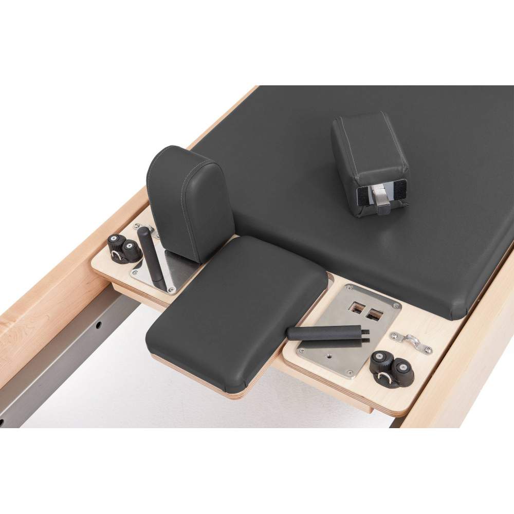 Elina Pilates Elite Wood Reformer With Tower black upholstery headrest