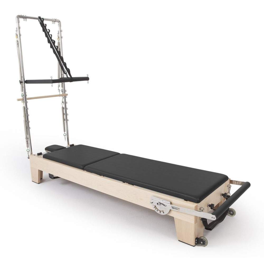 Elina Pilates Elite Wood Reformer With Tower black upholstery push through bar diagonal with white background