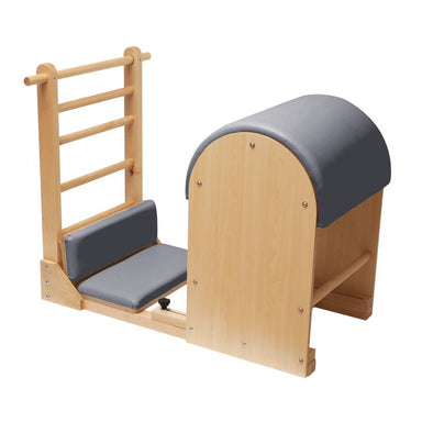 Pilates Ladder Barrel Elite with Wooden Base grey upholstery diagonal view white background